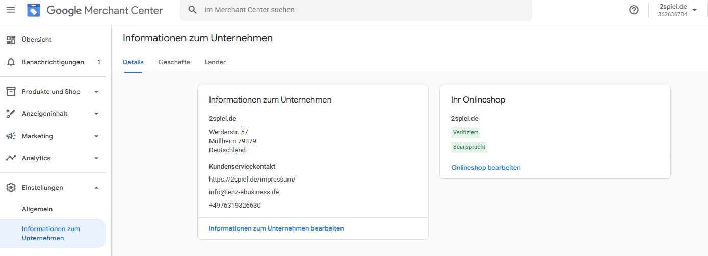 Die Kachel „Ihr Onlineshop" mit den Kennzeichen „Verifiziert" und „Beansprucht".
