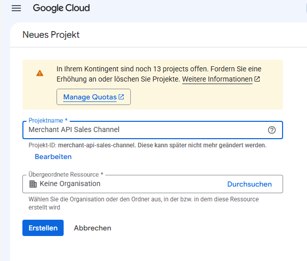 Das Formular „Neues Projekt" in der Google Cloud Console.
