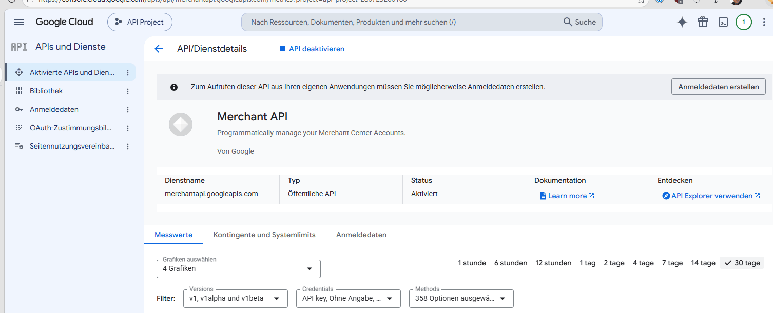 Die Detailseite der Merchant API mit dem Status „Aktiviert".
