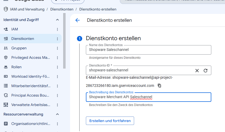 Das ausgefüllte Formular „Dienstkonto erstellen".