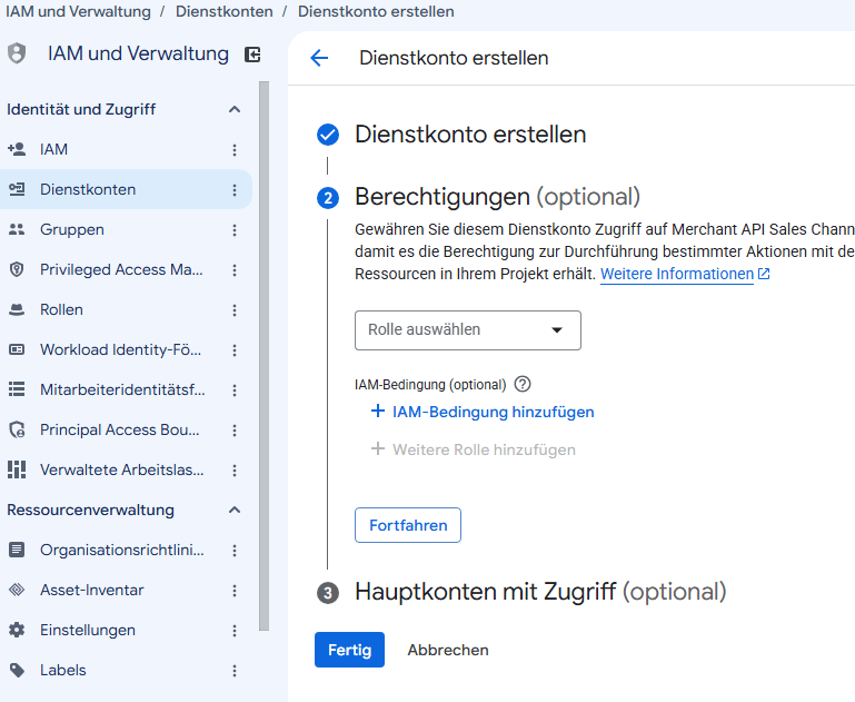 Die optionalen Schritte 2 und 3 mit der Schaltfläche „Fertig".