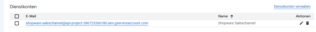Das angelegte Dienstkonto in der Übersicht, mit seiner E-Mail-Adresse.