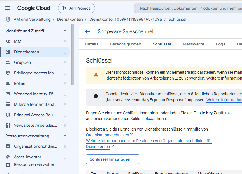 Der Reiter „Schlüssel" im Dienstkonto.