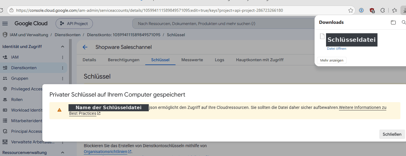 Die Bestätigung, dass der private Schlüssel gespeichert wurde.