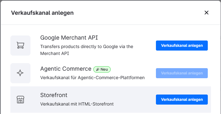 Der Dialog „Verkaufskanal anlegen" mit der Auswahl „Google Merchant API".