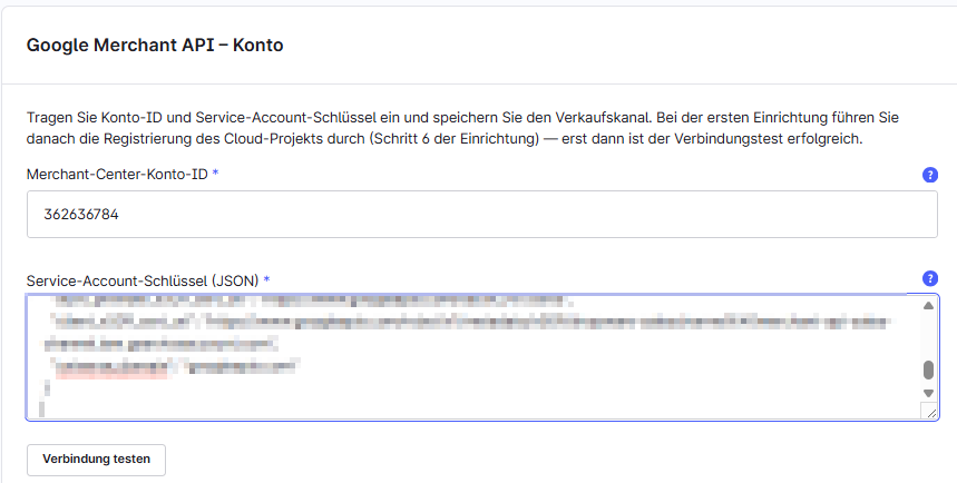 Die Karte „Google Merchant API – Konto" mit Konto-ID und Schlüsselfeld.