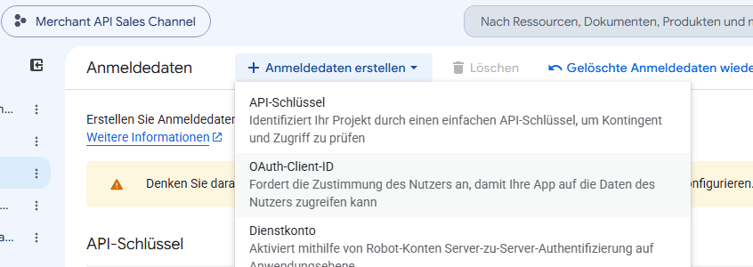 Das Menü „Anmeldedaten erstellen" mit dem Eintrag „OAuth-Client-ID".