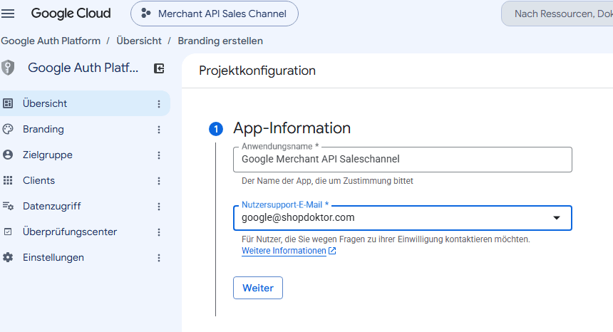 Schritt 1 „App-Information" mit Anwendungsname und Nutzersupport-E-Mail.