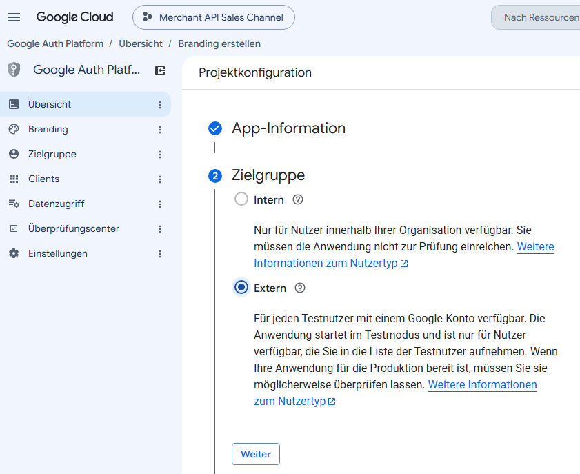 Schritt 2 „Zielgruppe" mit der Auswahl „Extern".