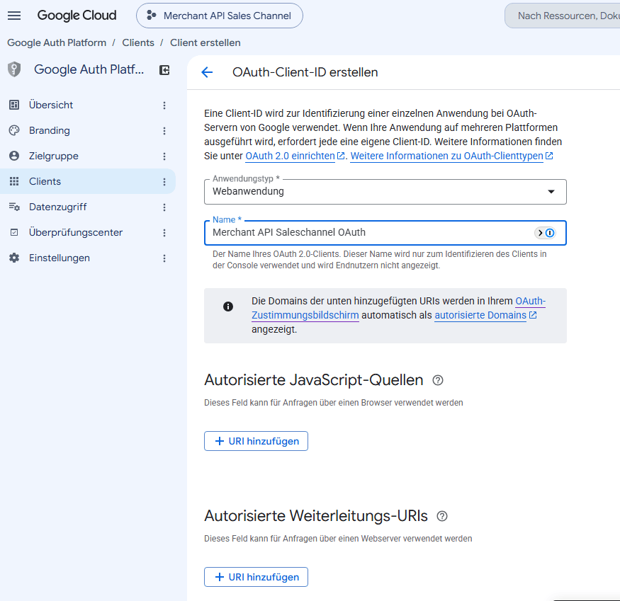 Das Formular „OAuth-Client-ID erstellen" mit Anwendungstyp, Name und den URI-Abschnitten.
