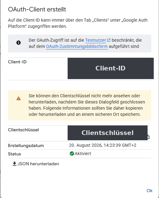 Der Dialog „OAuth-Client erstellt" mit Client-ID und Clientschlüssel.