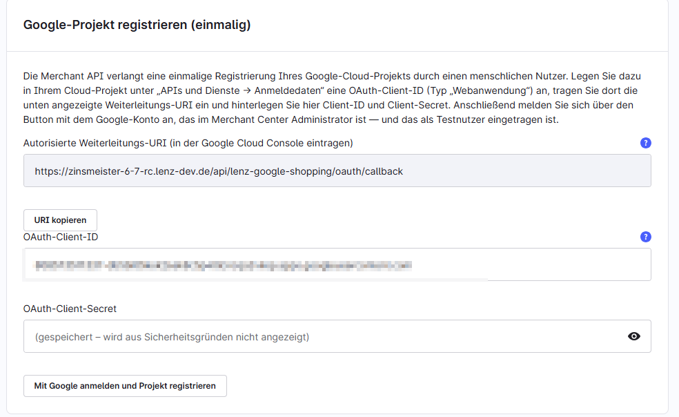 Die Karte „Google-Projekt registrieren (einmalig)" mit eingetragener Client-ID und der Schaltfläche zur Anmeldung.