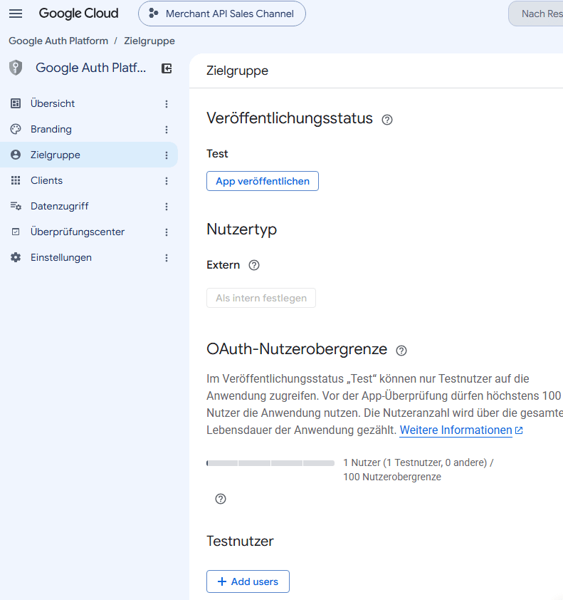Die Seite „Zielgruppe" mit Veröffentlichungsstatus, Nutzertyp und dem Abschnitt „Testnutzer".