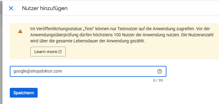 Der Dialog „Nutzer hinzufügen" mit eingetragener E-Mail-Adresse.