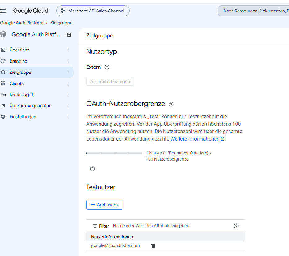 Die Seite „Zielgruppe" mit dem eingetragenen Testnutzer.