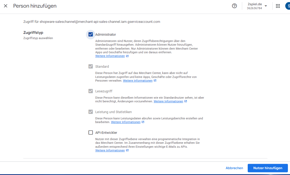 Der Dialog „Person hinzufügen" mit ausgewähltem Zugriffstyp „Administrator".