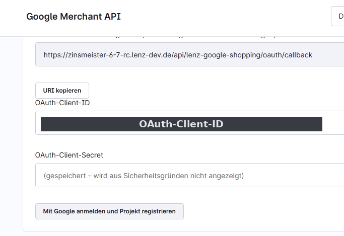Die Karte „Google-Projekt registrieren (einmalig)" mit der Schaltfläche zur Anmeldung.