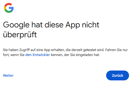 Der Hinweis „Google hat diese App nicht überprüft" mit den Schaltflächen „Weiter" und „Zurück".