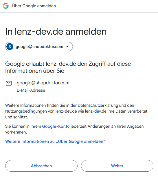 Das Fenster „In lenz-dev.de anmelden" mit dem gewählten Konto.