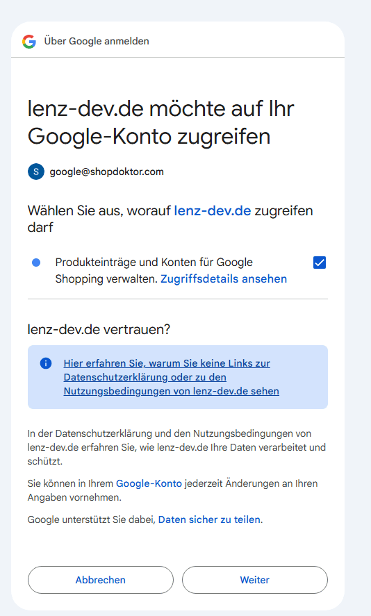 Das Fenster mit der Zugriffsberechtigung für Google Shopping.