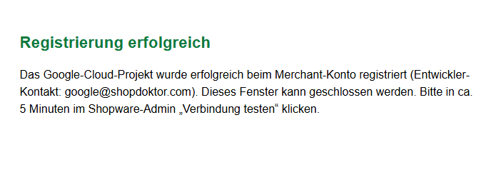 Die Meldung „Registrierung erfolgreich".