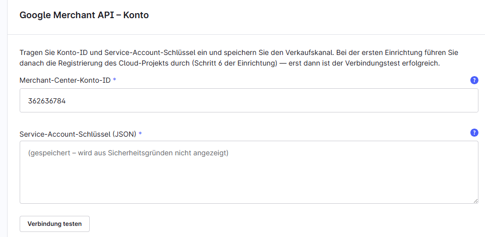 Die Karte „Google Merchant API – Konto" mit der Schaltfläche „Verbindung testen".