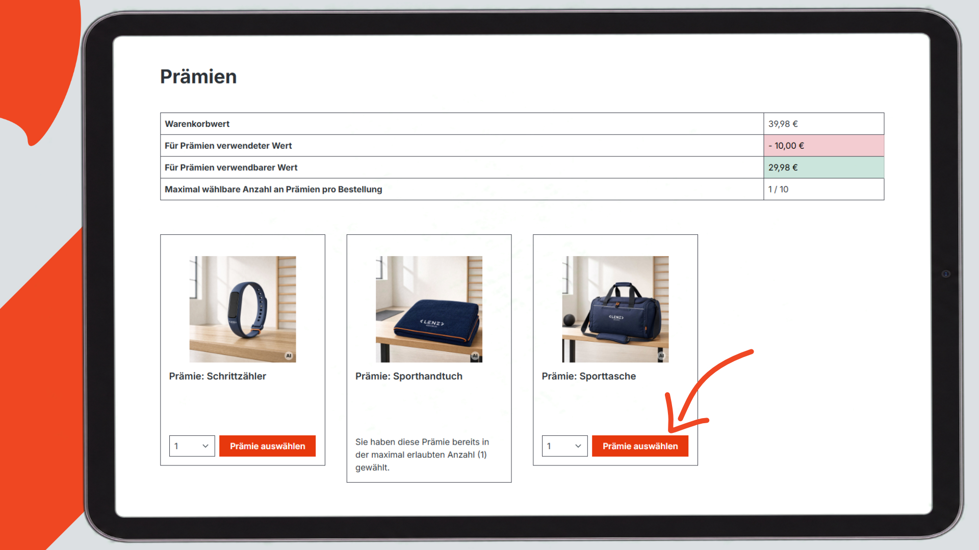 Storefront: Prämienseite mit Warenkorb-Button