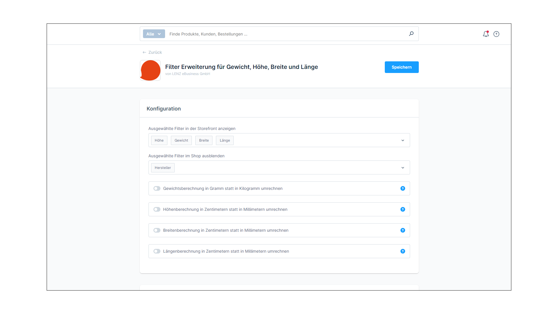 Filter Erweiterung für Gewicht, Höhe, Breite und Länge