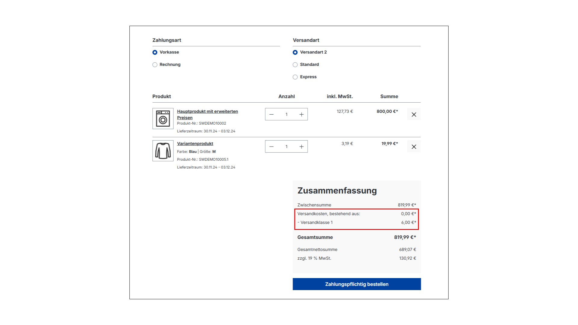 Eigene Berechnung von Versandkosten