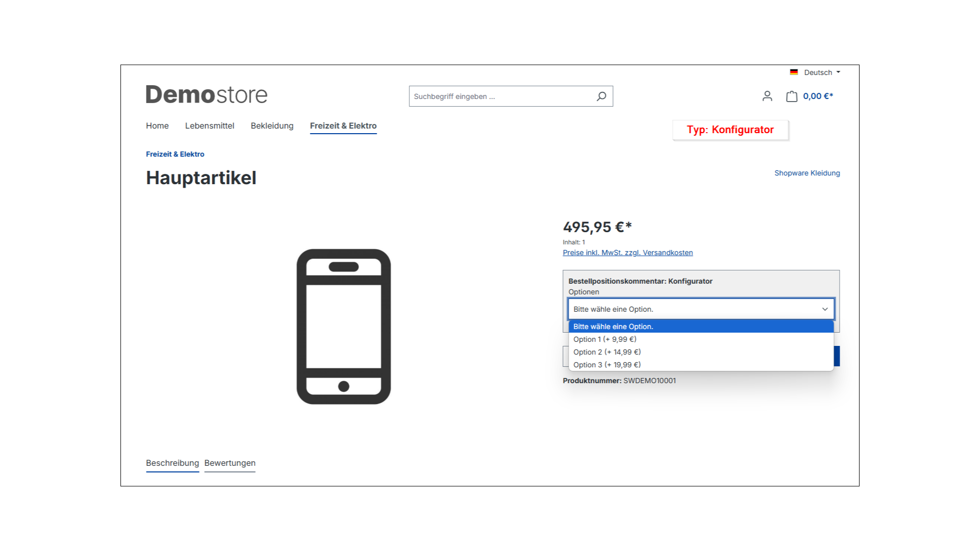 Produkt Konfigurator - Bestellpositionskommentar