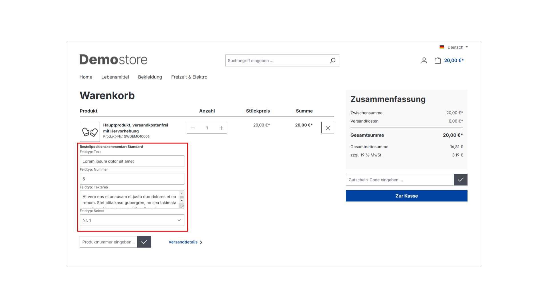 Produkt Konfigurator - Bestellpositionskommentar