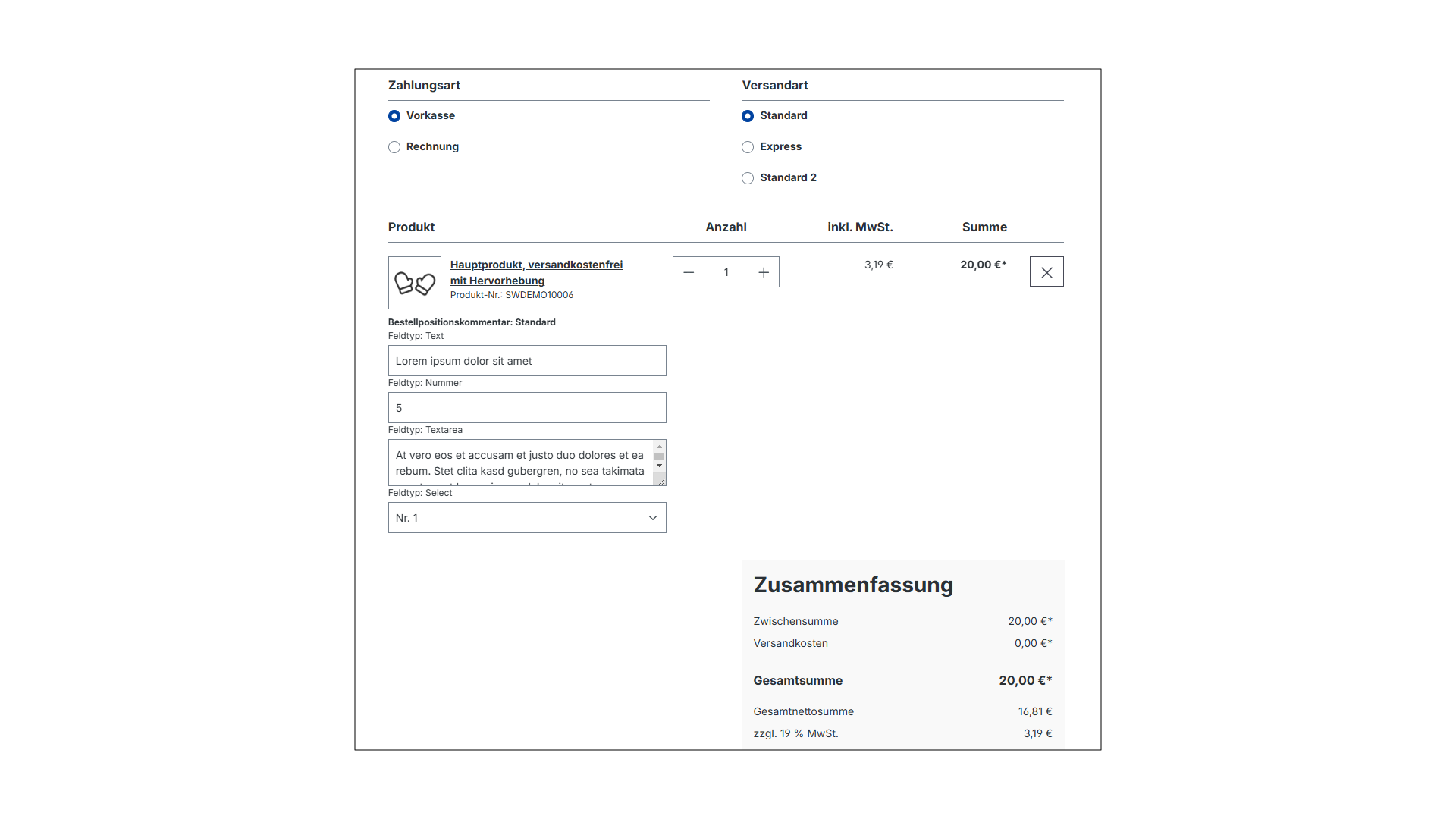 Produkt Konfigurator - Bestellpositionskommentar